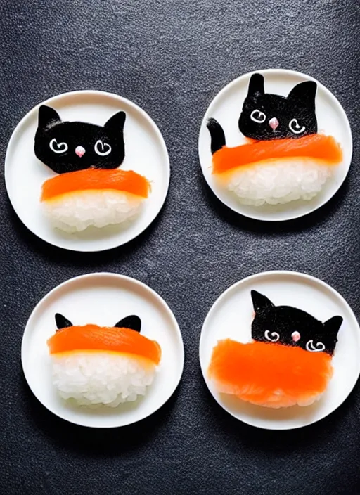 Prompt: clear surrealist painting of tiny adorable cats made from sushi rice, sitting on sushi plates with sushi, garnish, wasabi and soy sauce