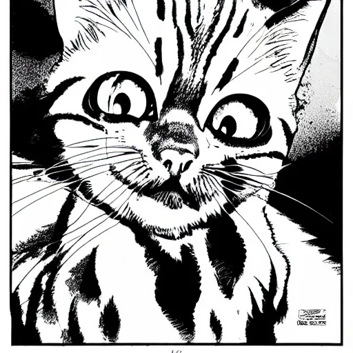 Prompt: widescreen sal the tabby cat shorthair snowstorm highly detailed black and white “ katsuhiro otomo ” akira manga