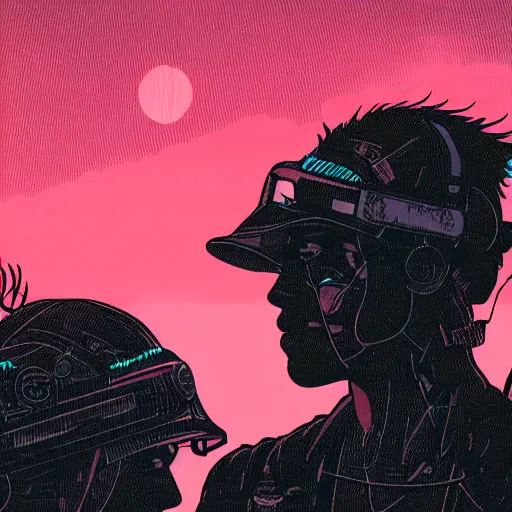 Prompt: in the style of max prentis and deathburger and laurie greasley a silhouette of two young explorers wearing cyberpunk headpieces watching the sunset in the distance from within a lush cave, highly detailed, 8k wallpaper