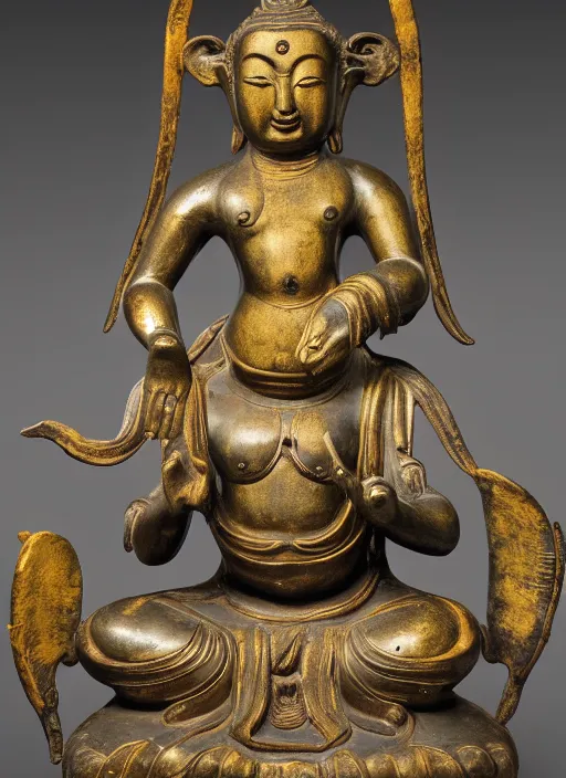 Prompt: photo of a magnificent gilt-bronze seated figure of bodhisattva, anthropomorphized asian black bear, Early Ming dynasty, late 14th-15th century, studio lighting