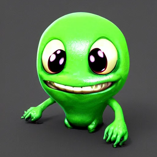 Image similar to 3 d octane render of a chibi transparent green slimeball character with eyes