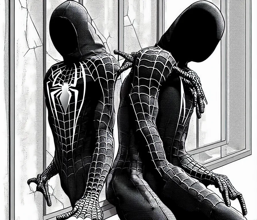 Image similar to outdoors : spiderman sink in hoodie sits on windowsill, knees tucked in | rain falls at night : storyboard, scifi cyberpunk. by gabriel hardman, joe alves, chris bonura. cinematic atmosphere, detailed and intricate, perfect anatomy