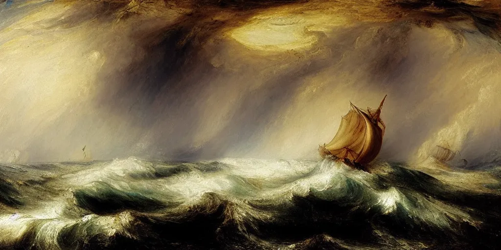 Image similar to A painting of a ship at sea, in a storm, by J.M.W. Turner