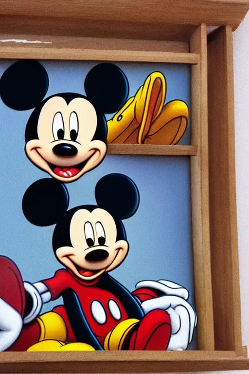 Prompt: “mickey mouse sits on a shelf, super realistic, extremely high detail