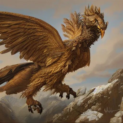 Image similar to a realistic oil painting portrait of a griffon, highly detailed, trending on artstation, by james gurney and michael whelan