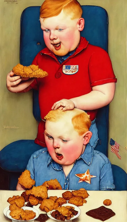 Image similar to painting of a ginger hair chubby boy eating a delicious cholocate chunks cookies, buzz cut, america, norman rockwell
