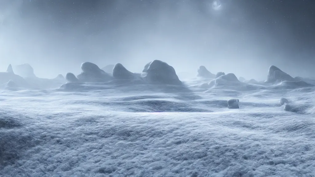 Prompt: A dreamlike barren snow-covered landscape on a fantastical alien planet, fog, god rays, cinematic lighting, photorealistic, hyperdetailed 3D matte painting, hyperrealism, hyperrealistic, 8k ultraHD octane render