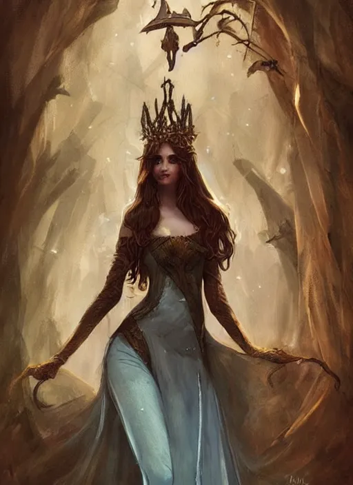 Image similar to tarot!!, fairy queen, fantasy medieval, no noise, elegant, concept art, sharp focus, beautiful face!!, digital art, smooth defined outlines!!, by Brom, trending on Artstation, Tom Bagshaw, Sargent