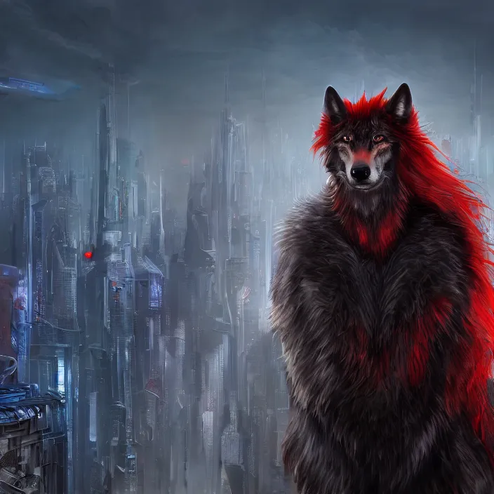 Image similar to portrait of male anthropomorphic dark gray wolf, long red hair, blue eyes, in a futuristic city, hyper detailed, digital art, trending in artstation, cinematic lighting, studio quality, smooth render, unreal engine 5 rendered, octane rendered, 1 : 1 aspect ratio