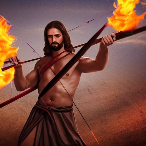 Image similar to Jesus Christ as Rambo holding a Bow and Flaming Arrow, full body, photography, 4K