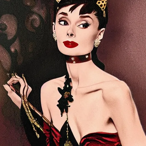 Prompt: an extremely detailed matte painting audrey hepburn as a vampire queen in a resplendent black dress with gold and crimson trim and a long leg slit, in the style of magic the gathering, 8 k, sharp focus, detailed face, art by john collier and albert aublet and krenz cushart and artem demura and alphonse mucha