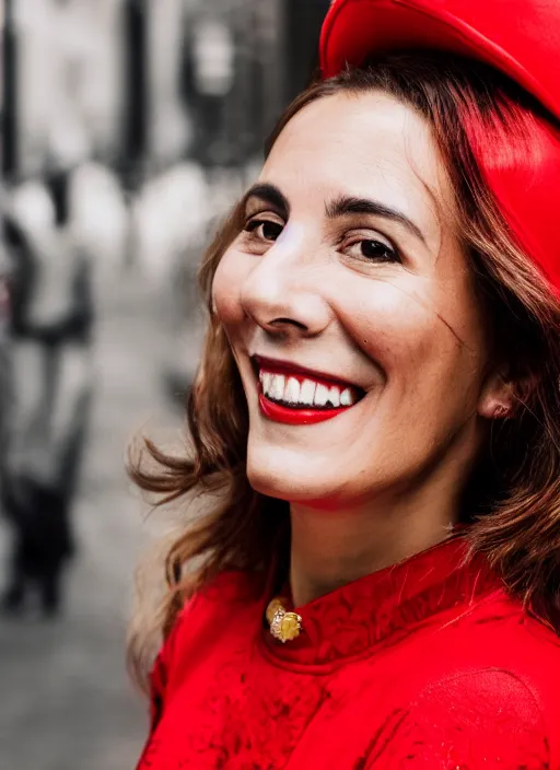 Image similar to color portrait of a beautiful 35-year-old smiling Italian woman, wearing a red outfit, candid street portrait in the style of Mario Testino close up, detailed, award winning, Sony a7R