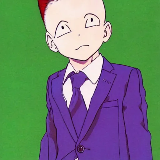 Image similar to pale little boy wearing a purple suit, artwork by toriyama togashi