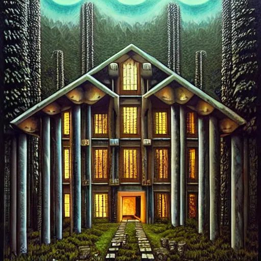 Image similar to a mansion with brutal architecture in the middle of an ancient futuristic druidic village in the woods, painting by jeffrey smith