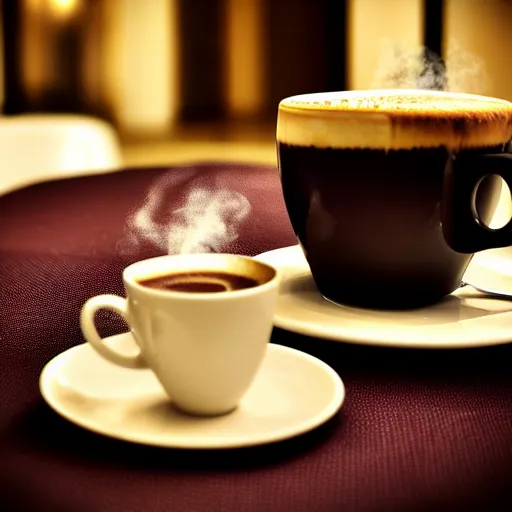 Image similar to photo of a steaming cup of cappuccino on a low table, croissant on a plate, empty hotel lobby in the background, low perspective, coffee spoon on a napkin, liminal spaces, diffuse light, hdr, dslr