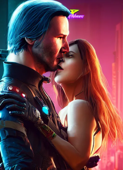 Image similar to a cyberpunk 2077 couple portrait of a Keanu Reeves as johnny silverhand and a female android in final kiss,love,fantasy, intricate, elegant,film lighting,artstation,deviantart,FAN ART,full of color,Digital painting,face enhance,highly detailed,8K,octane,golden ratio,cinematic lighting