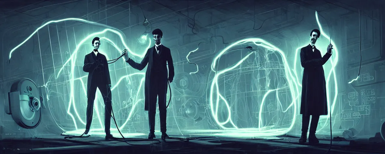 Image similar to duotone dark scifi illustration 3 / 4 portrait of nikola tesla with conducting eletricity experiments with tesla coils. cinematic lighting mad scientist style. golden ratio accidental renaissance. by sachin teng and sergey kolesov and ruan jia and heng z. graffiti art, scifi, fantasy, hyper detailed. octane render. concept art. trending on artstation