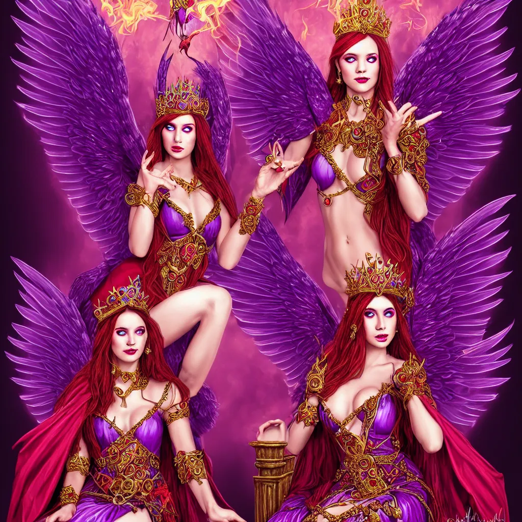 Prompt: Princess sorceress with red flaming bird wings on her back and sitting on an ornate throne dressed in a fancy purple dress, beautiful realistic face, Fantasy, Full Portrait, High detail, realistic, planeswalker