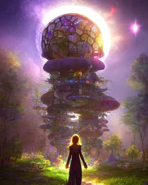 Image similar to girl in solarpunk fantasy village, evening, 4 k, ultra realistic, detailed, epic lighting, starry sky, magical, glowing forest, mushrooms, machines, futuristic building, high detail, masterpiece, trending on artstation by frederic daoust and akihito tsukushi and takeshi nogami
