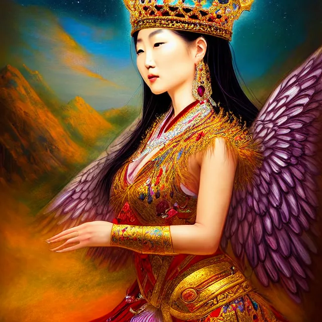 Image similar to beautiful asian mongolian princess goddess with angelic wings in a sensual pose, princess wearing a crown with gemstones, near lake baikal, atmospheric lighting, painted, intricate, volumetric lighting, beautiful, rich deep colours masterpiece, sharp focus, ultra detailed, in the style of bagshaw tom