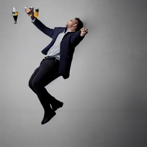 Prompt: an elgant detailed portrait of a man boisterously dancing around the room by himself holding an empty wine bottle as he jumps in the air in a (warehouse), striking artistic concept, perfect composition, detailed facial expression, fine detail, dramatic lighting, award-winning photo UHD, 4K