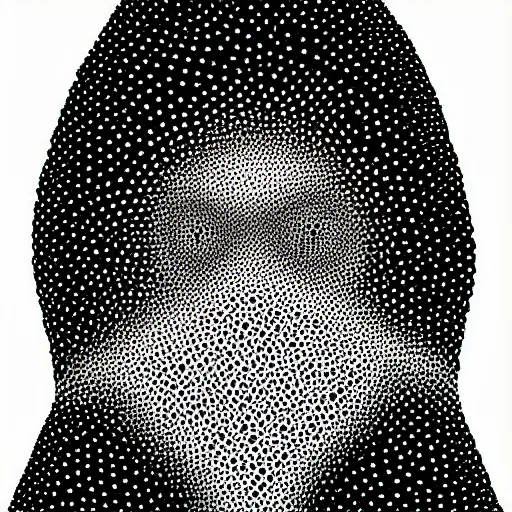 Prompt: pointilism, black and white, dot art, dark, ominous, hooded, faceless, anthropomorphic, asymmetrical, in style of old painting, gothic, evil,