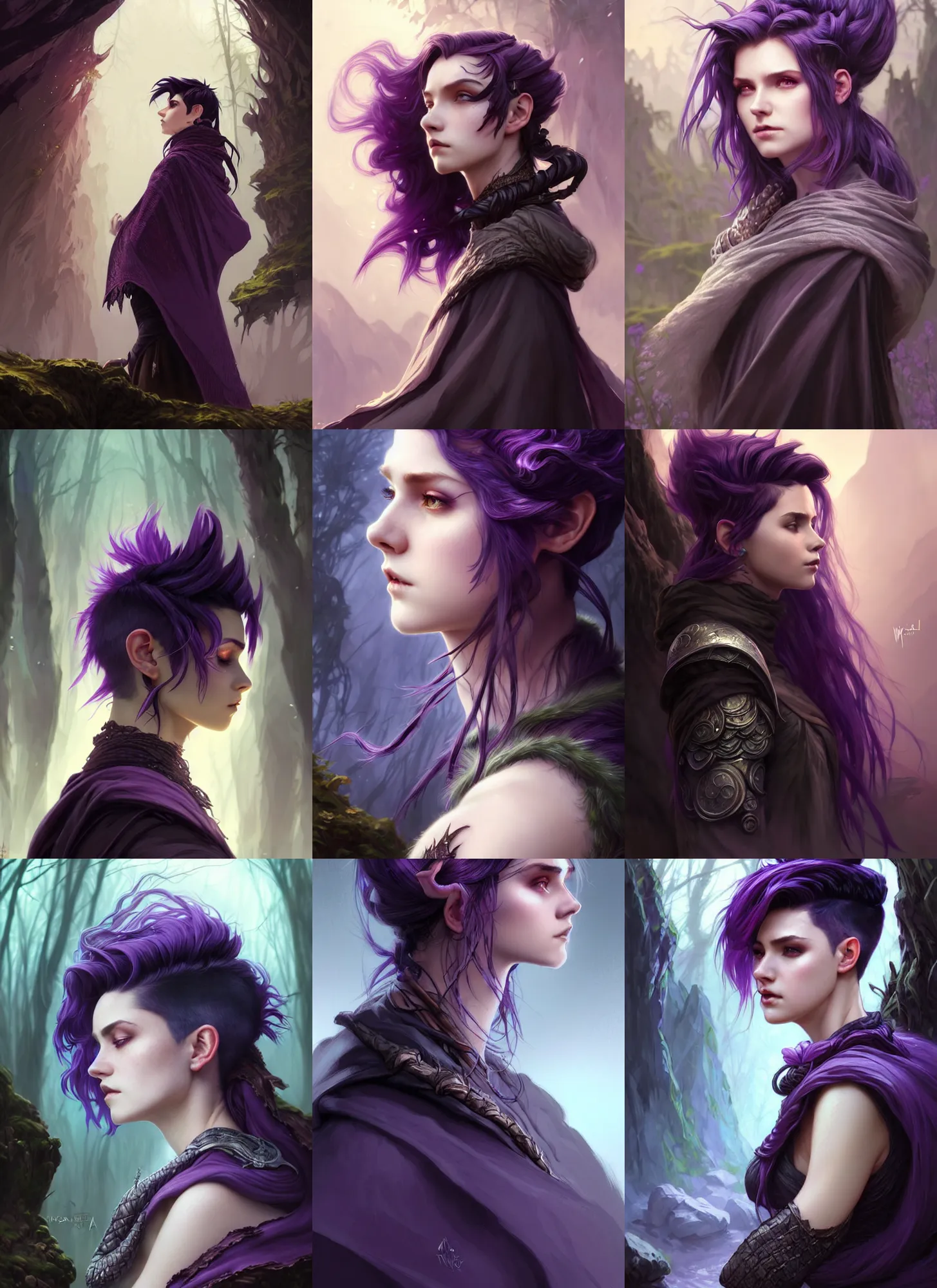 Prompt: side portrait rugged girl, adventurer outfit large cloak, fantasy forest landscape, dragon scales, fantasy magic, undercut hairstyle, short purple black fade hair, dark light night, intricate, elegant, sharp focus, illustration, highly detailed, digital painting, concept art, matte, art by wlop and artgerm and greg rutkowski and alphonse mucha, masterpiece