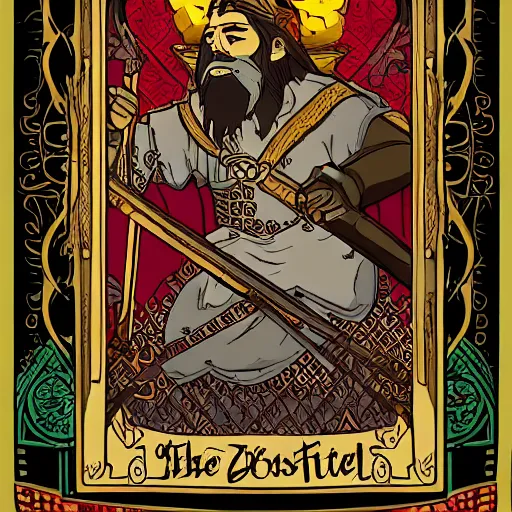 Image similar to 2. 0 tarot card : : ornate, intricate and detailed, rule of thirds, bard, male, face, guitar, music, demon, tiefling, black beard, goat horns, handsome, red skin, medieval fantasy, bow, 8 k render : : style of studio ghibli