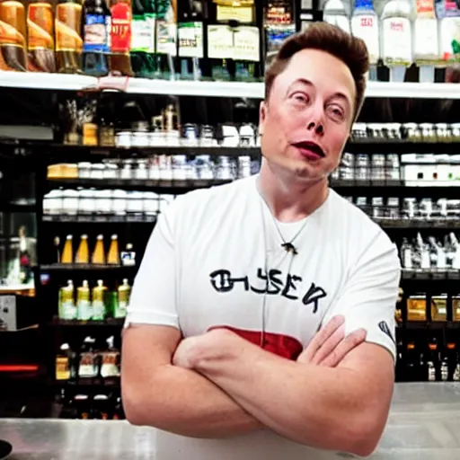 Prompt: elon musk working at the bodega, behind the counter, cash register, liquor for sale