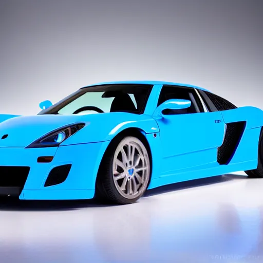 Image similar to Baby Blue Noble M600 set on fire in a ghetto, neon white lighting, 8k UHD, studio photography, high quality, high detail, stunning lighting