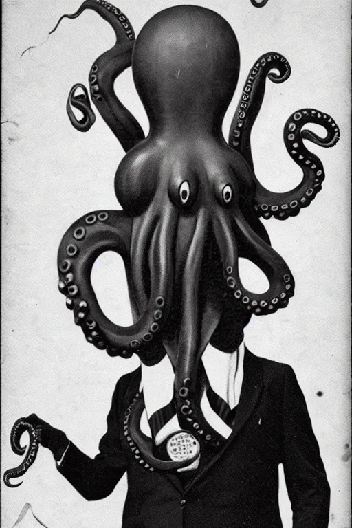 Image similar to anthropomorphic octopus , wearing a suit, tentacles spilling out of the collar, vintage photograph, sepia