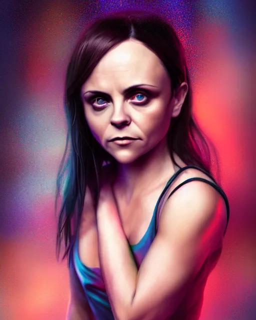 Prompt: Full body potrait of christina Ricci as an angel, hyper realistic, prismatic highlights, atmosphere, raining, gorgeous, depth of field, cinematic, macro, concept art, 50mm, artstation, wlop, elegant, epic, weta digital, focus, octane render, v-ray, 8k, kodak portra, art by Liberatore