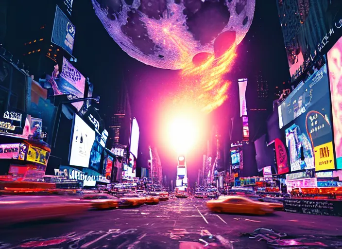 Image similar to film still of the moon shattering into pieces exploding moon over time square in the new disaster, 8 k, night time