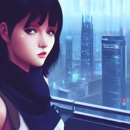 Image similar to a close up of a person with a city in the background, cyberpunk art by Ilya Kuvshinov, cgsociety, photorealism, ilya kuvshinov, cityscape, digital painting