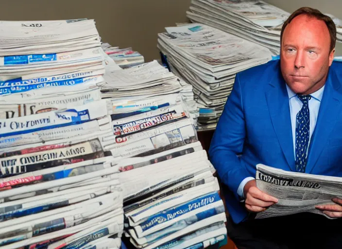 Prompt: dslr photo still of alex jones in a blue suit sitting depressed in a room filled to the ceiling with newspapers, 5 2 mm f 5. 6