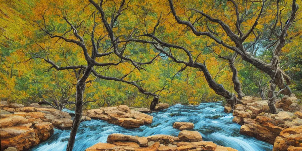 Prompt: single maple tree growing in grand canyon, stream, oil painting, highly detailed, masterpiece