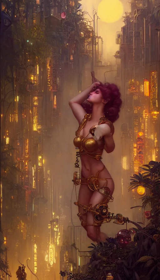 Image similar to golden goddess looking at a hyper realistic cyberpunk city, crowded market street overtaken by lush plants, kittens, full moon, light rays, gnarly trees by tom bagshaw, mucha, gaston bussiere, craig mullins, j. c. leyendecker 8 k