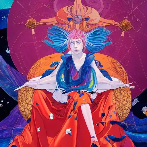 Image similar to closeup : beautiful breathtaking young billie eilish as the empress of the universe sits on stellar throne. illustration by james jean and satoshi kon and erik jones, inspired by evangelion, smooth feature, intricate oil painting, high detail illustration, sharp high detail