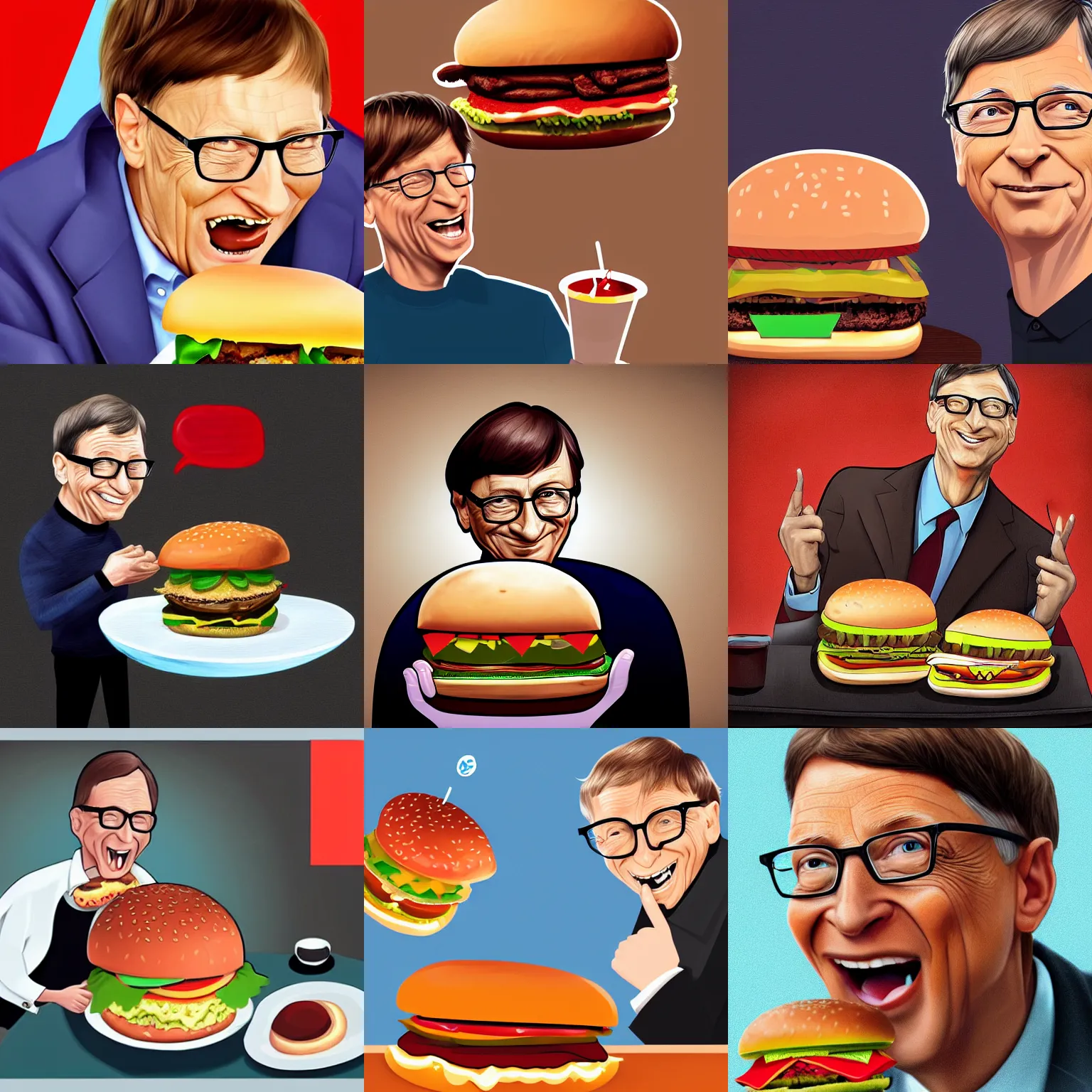 Prompt: digital painting of bill gates struggling to eat a giant hamburger, fan art, artstation
