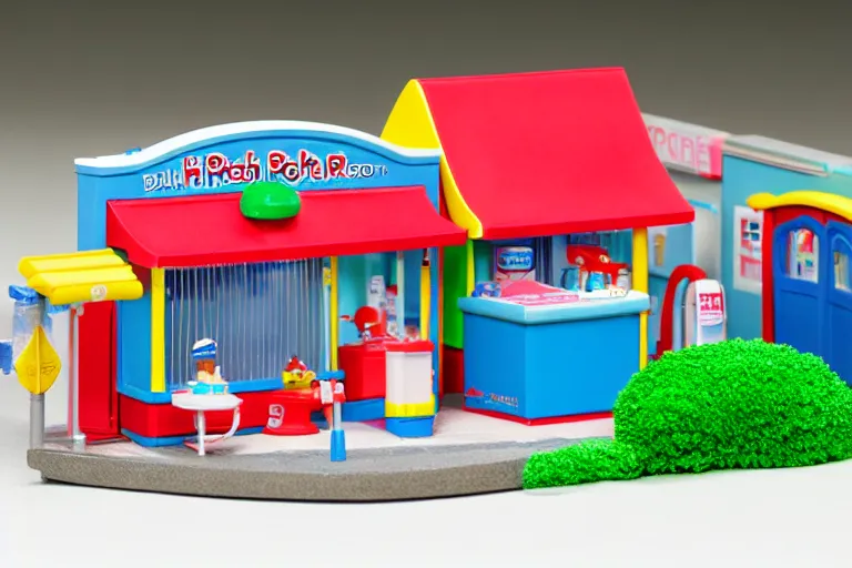 Prompt: fisher price bathhouse, california scene from tv show hyper detailed 5 5 mm 8 5 mm, toy photography, made out of plastic