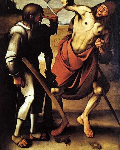 Image similar to David with the Head of Goliath by Caravaggio painting by Hieronymus Bosch