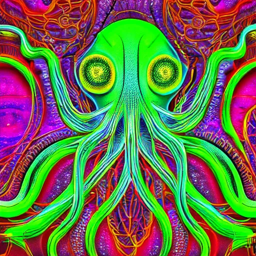 Prompt: highly detailed generative art, symmetrical neon octopus, string art by janusz jurek, background outer space nebulas by Pilar Gogar 4k HDR