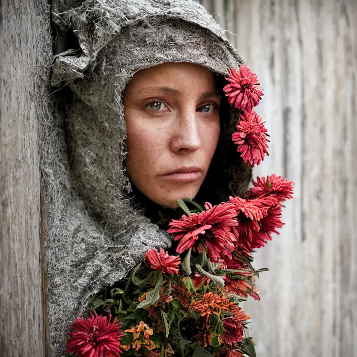 Image similar to a closeup portrait of a woman wearing a hooded cloak made of zinnias and barbed wire, in a derelict house, by Corbin Gurkin, natural light, detailed face, CANON Eos C300, ƒ1.8, 35mm, 8K, medium-format print