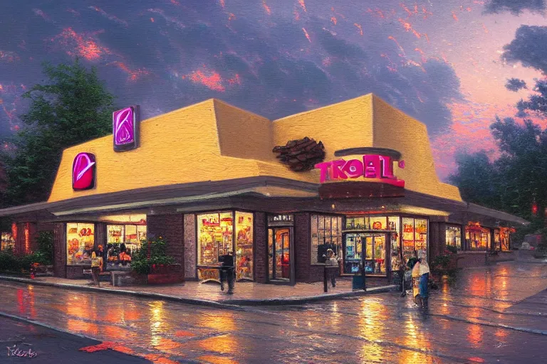 Prompt: thomas kinkade painting of a brutalist taco bell