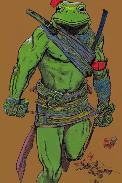 Image similar to Frog Samurai. concept art by James Gurney and Mœbius.