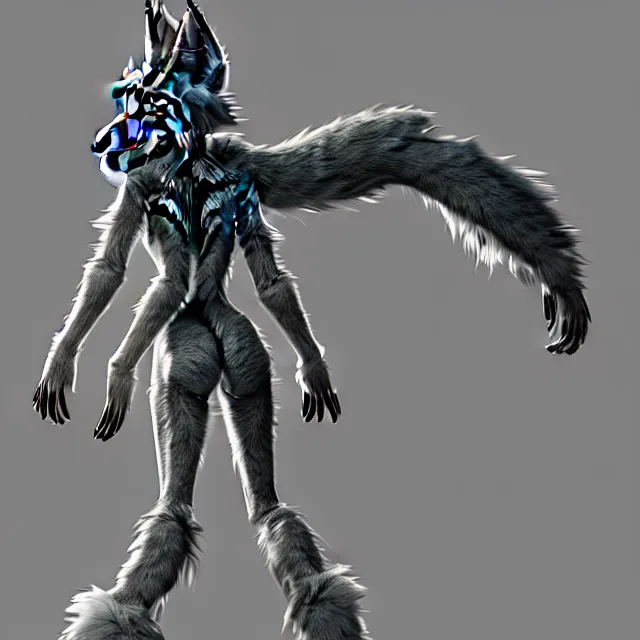 Image similar to the full body of anthropomorphic lynx fursona from behind wearing a steampunk suit as unimaginably beautiful, gorgeous, elegant, young woman with lynx head, an ultrafine hyperdetailed illustration by furaffinity, intricate linework, white fur, unreal engine 5 highly rendered, global illumination, radiant light, detailed and intricate environment