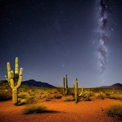 Prompt: beautiful moonlit dark starry landscape photography of an Arizona desert, lake