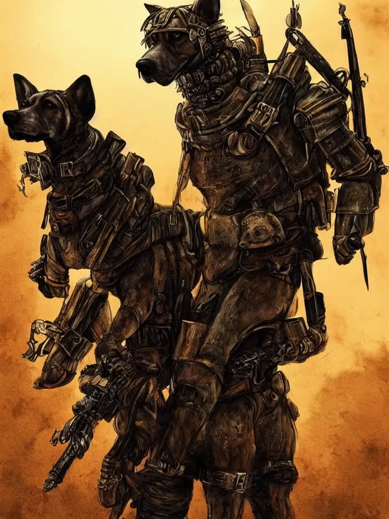 Image similar to a good ol'hound dog fursona ( from the furry fandom ), heavily armed and armored facing down armageddon in a dark and gritty version from the makers of mad max : fury road. witness me.