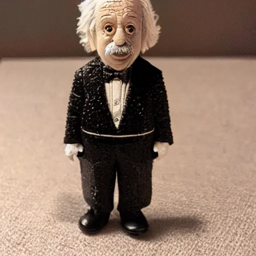 Image similar to ultra realistic and intricate detailed photograph of mini Albert Einstein toy in a tuxedo, innovation, bright modern style, artstation, unreal render, depth of field, ambient lighting, award winning, stunning