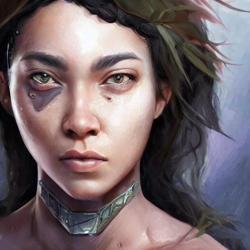 Image similar to beautiful, very strong, mixed race woman, middle aged, face, natural, no makeup, no tattoos, warrior, battle hardened, head shot, fantasy, highly detailed, digital painting, artstation, concept art, sharp focus, illustration, art by jodie muir and brom